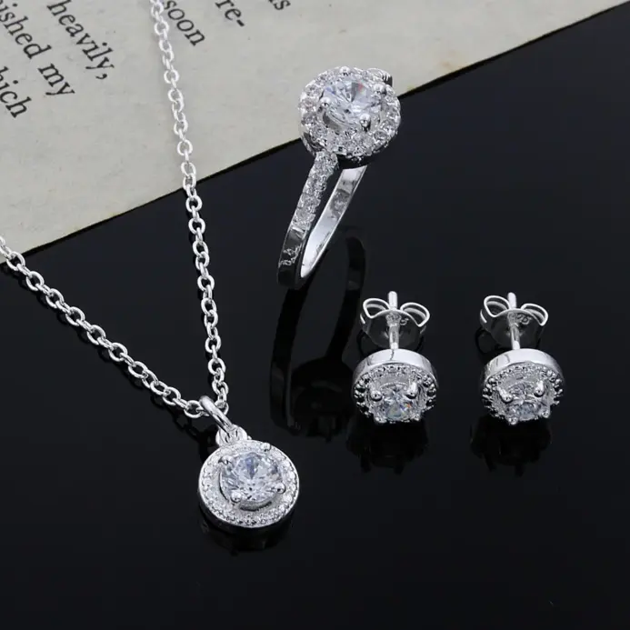 Plata de Ley 925, bonito regalo de Navidad sólido, moda noble, elegante, mujer, cristal brillante CZ, collar, pendiente, anillo, conjunto de joyería 2