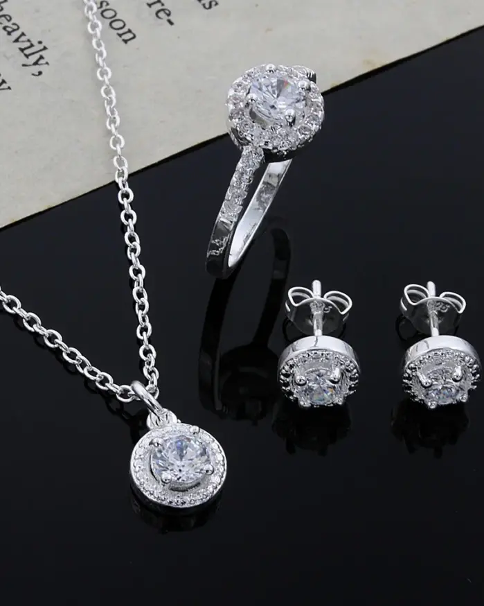 Plata de Ley 925, bonito regalo de Navidad sólido, moda noble, elegante, mujer, cristal brillante CZ, collar, pendiente, anillo, conjunto de joyería 2