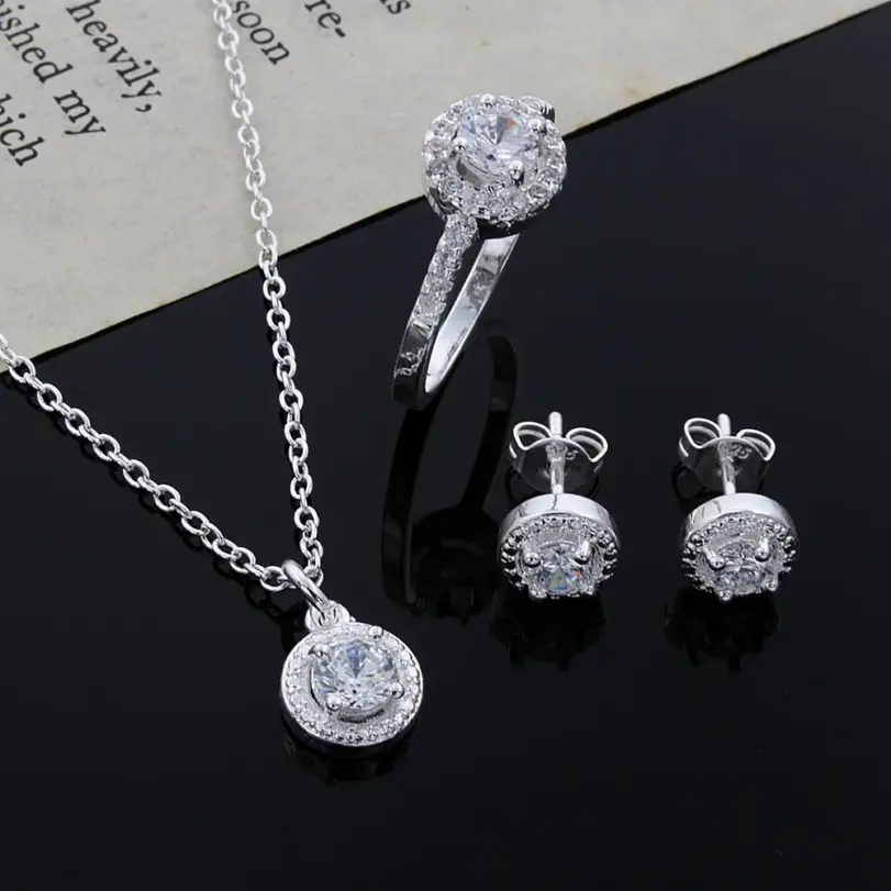 Plata de Ley 925, bonito regalo de Navidad sólido, moda noble, elegante, mujer, cristal brillante CZ, collar, pendiente, anillo, conjunto de joyería 2