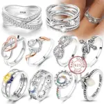 Anillos Anillos originales de Plata de Ley 925 con lazo, corazón, sol, luna, estrella, anillos de circón para mujer, joyería, regalos de aniversario de cumpleaños 1