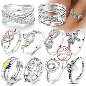 Anillos Anillos originales de Plata de Ley 925 con lazo, corazón, sol, luna, estrella, anillos de circón para mujer, joyería, regalos de aniversario de cumpleaños 1