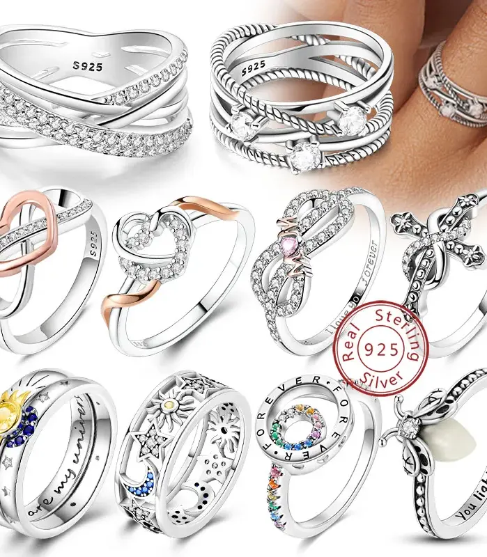 Anillos Anillos originales de Plata de Ley 925 con lazo, corazón, sol, luna, estrella, anillos de circón para mujer, joyería, regalos de aniversario de cumpleaños 1