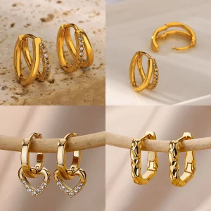 Pendientes circulares de acero inoxidable para mujer, aretes de circonita estética de Color dorado, accesorios de joyería de moda para boda y Navidad, regalo 1