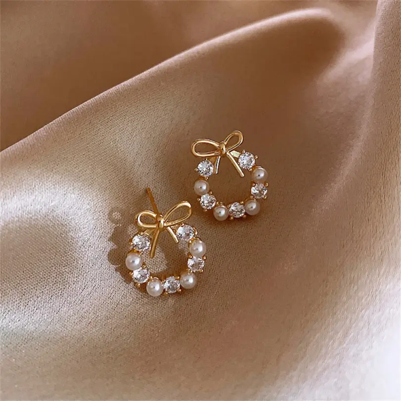 Pendientes de guirnalda de lazo simples, pendientes de perlas de cristal acrílico para mujer, joyería de fiesta a la moda, accesorios, regalos 2