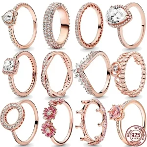 anillo clásico de Plata de Ley 925 de la serie de oro rosa, gema brillante, elegante anillo con dije de flor, regalo de cumpleaños para mujer 1