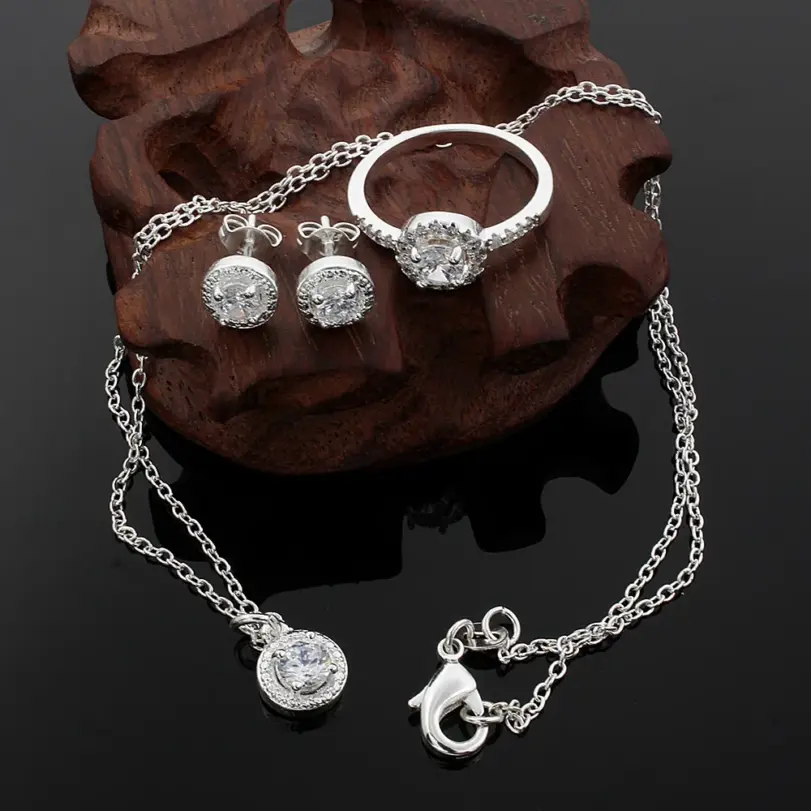 Plata de Ley 925, bonito regalo de Navidad sólido, moda noble, elegante, mujer, cristal brillante CZ, collar, pendiente, anillo, conjunto de joyería 3