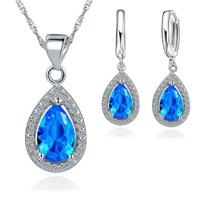 Conjunto clásico de Plata de Ley 925 con colgante de cristal en forma de gota de agua para mujer, conjunto de pendientes de gota, conjuntos de joyería nupcial para boda 2