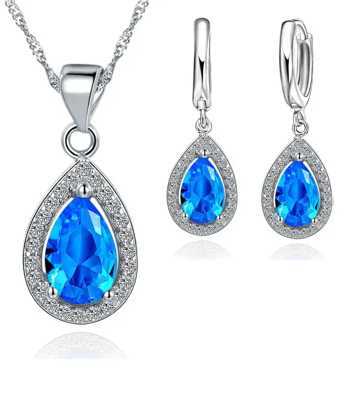 Conjunto clásico de Plata de Ley 925 con colgante de cristal en forma de gota de agua para mujer, conjunto de pendientes de gota, conjuntos de joyería nupcial para boda 2