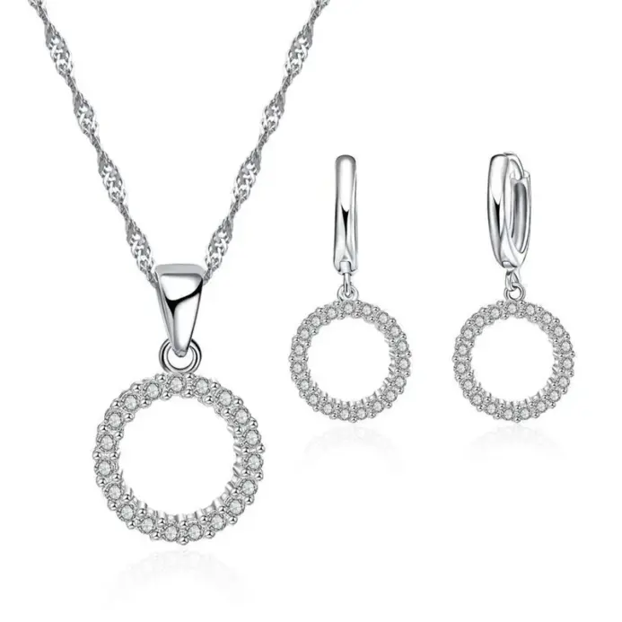 Conjuntos de joyería nupcial estampada de Plata de Ley 925, collares de circonia cúbica con cuentas, pendientes de aro para mujeres y niñas, aniversario de compromiso 1