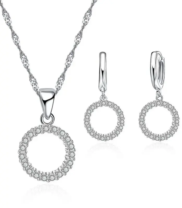 Conjuntos de joyería nupcial estampada de Plata de Ley 925, collares de circonia cúbica con cuentas, pendientes de aro para mujeres y niñas, aniversario de compromiso 1