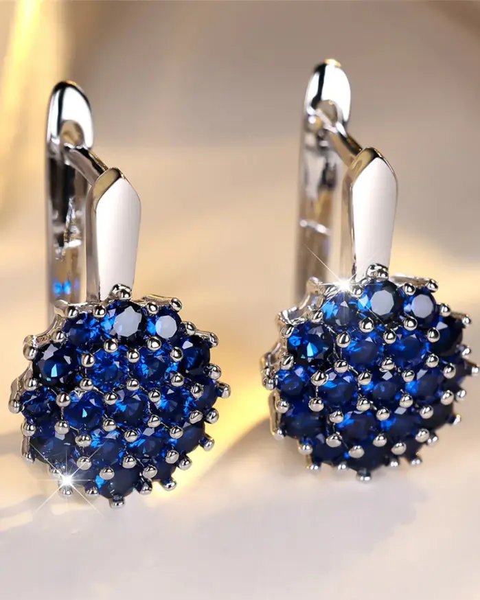 Pendientes de aro de circonio redondos de cristal azul girasol para mujer, Color rosa, oro y plata, joyería de flores para boda, regalo de compromiso 1