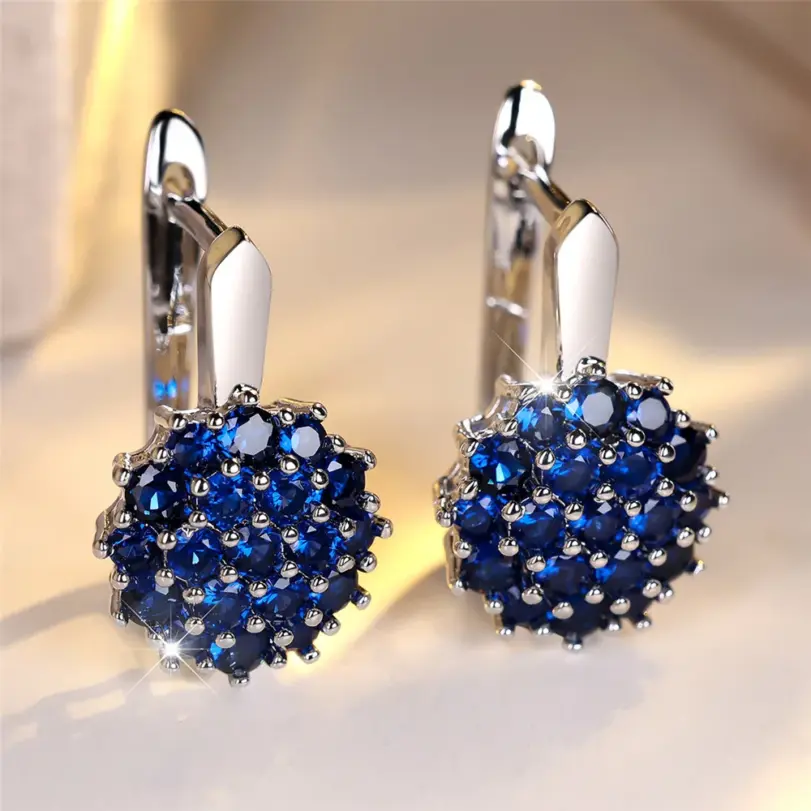 Pendientes de aro de circonio redondos de cristal azul girasol para mujer, Color rosa, oro y plata, joyería de flores para boda, regalo de compromiso 1