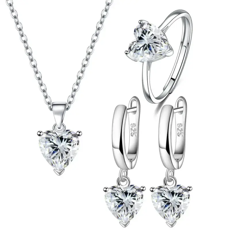 Juegos de joyas para mujer de plata de ley 925, anillo de circón con forma de corazón, pendientes, collar, boda, novia, elegante, Navidad, envío gratis 4