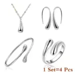 Moda S925 pendientes de aguja de plata anillo pulsera conjunto personalidad Simple mujer gota de agua conjunto de joyería de cuatro piezas para regalo de mujer 3