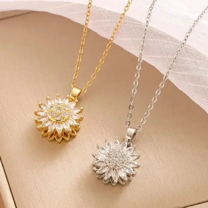 Collares de circonita de acero inoxidable con girasol giratorio para mujer, collar de cristal de Metal, regalos de fiesta de cumpleaños, joyería de moda 1