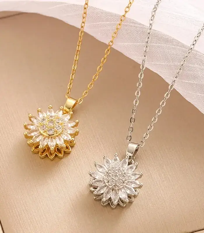 Collares de circonita de acero inoxidable con girasol giratorio para mujer, collar de cristal de Metal, regalos de fiesta de cumpleaños, joyería de moda 1