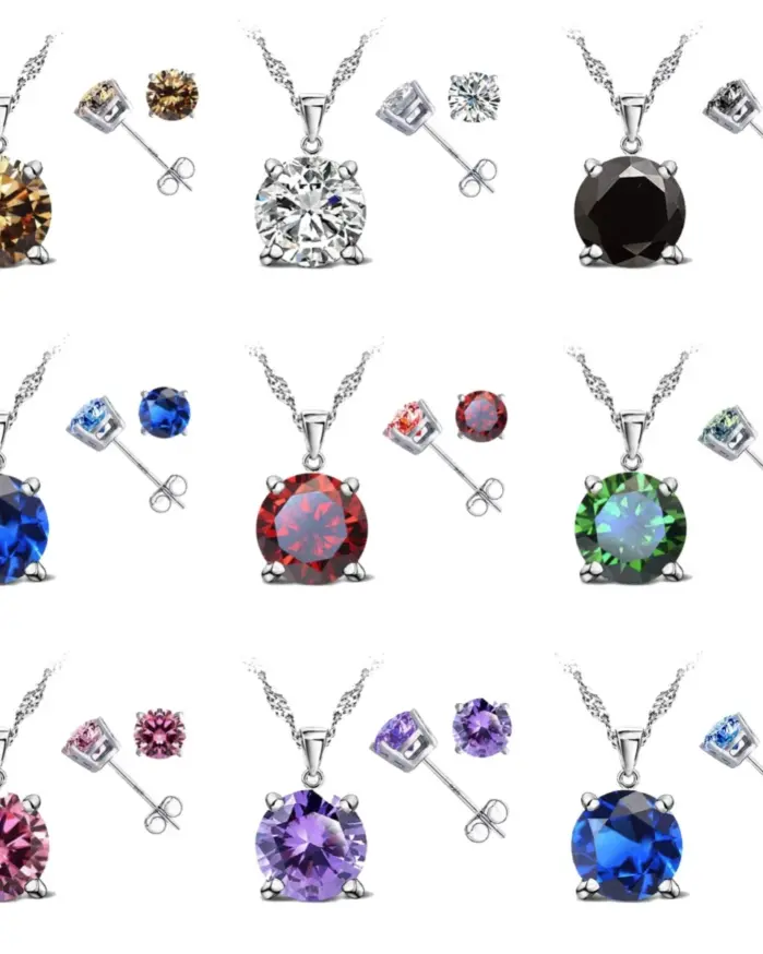 Conjuntos de joyería de Color plata esterlina 925 de buena calidad para mujer, ajuste de garra clásico, pendiente de tuerca de circonia cúbica, collar con colgante 1