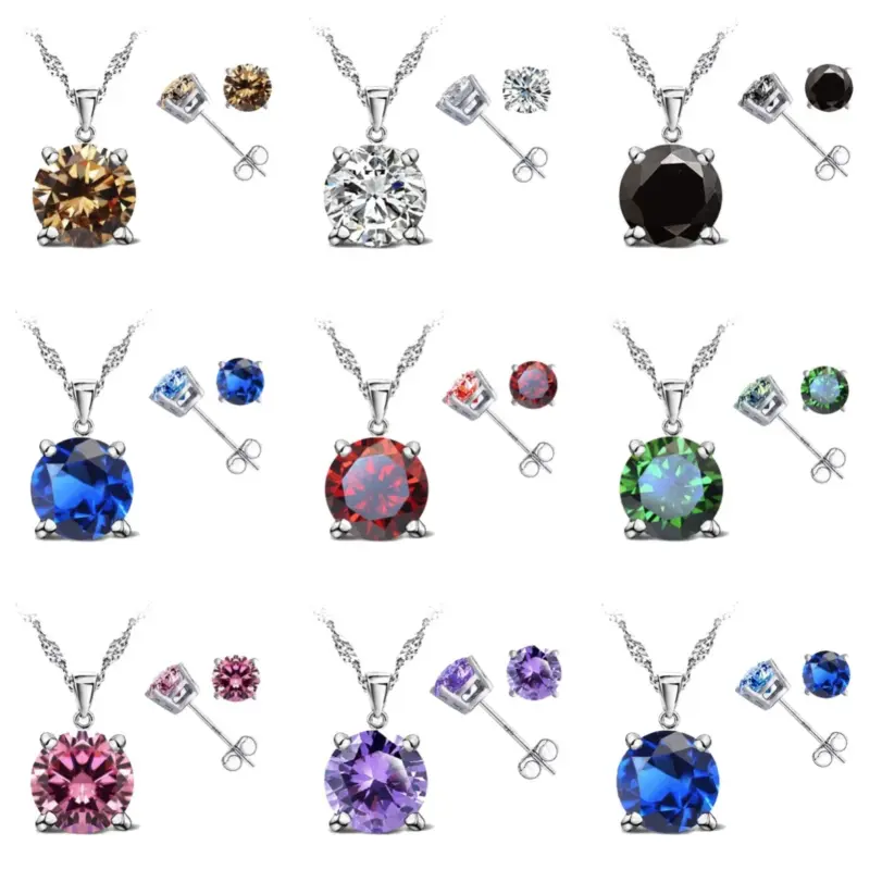 Conjuntos de joyería de Color plata esterlina 925 de buena calidad para mujer, ajuste de garra clásico, pendiente de tuerca de circonia cúbica, collar con colgante 1