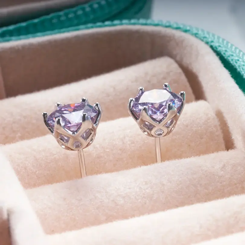 Pendientes de plata de ley 100% 925 de corte redondo, aretes de diamantes de moissanita auténtica púrpura, joyería fina con GRA, 1CT x 2 4