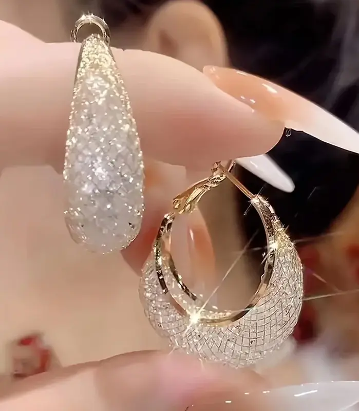 Pendientes de aro con diseño de malla brillante exagerada, joyería de hierro con incrustaciones de diamantes de imitación, estilo informal elegante para mujer, pendientes de fiesta 1