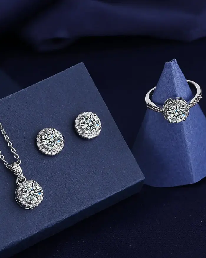 Conjunto de joyas de diamantes de laboratorio solitario para mujer, anillos de boda de fiesta de Plata de Ley 925, pendientes, collar, joyería de moissanita nupcial 2