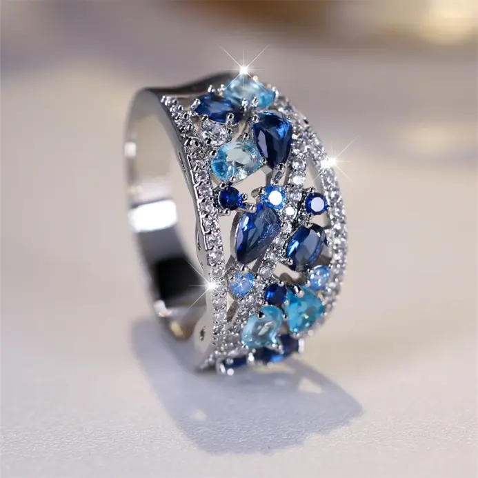 Anillo de piedra de gota de agua de cristal azul real, anillos de compromiso de Aguamarina simulada para mujer, banda de fiesta de boda de Color plata Vintage 2
