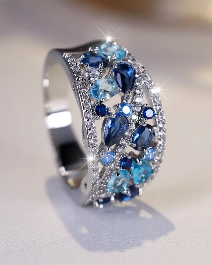 Anillo de piedra de gota de agua de cristal azul real, anillos de compromiso de Aguamarina simulada para mujer, banda de fiesta de boda de Color plata Vintage 2