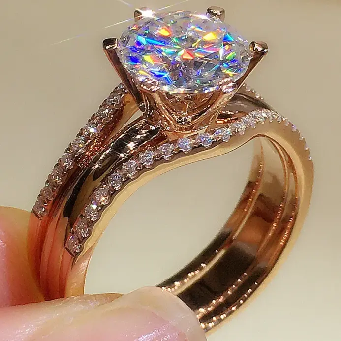 anillos únicos de Color oro rosa para mujer, anillos clásicos de circonia cúbica con 6 garras, bandas de compromiso de boda, joyería novedosa 2