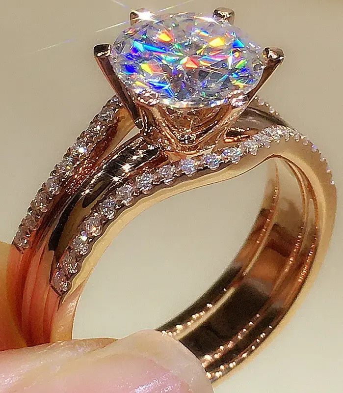 anillos únicos de Color oro rosa para mujer, anillos clásicos de circonia cúbica con 6 garras, bandas de compromiso de boda, joyería novedosa 2