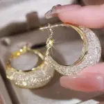 Pendientes de aro con diseño de malla brillante exagerada, joyería de hierro con incrustaciones de diamantes de imitación, estilo informal elegante para mujer, pendientes de fiesta 2