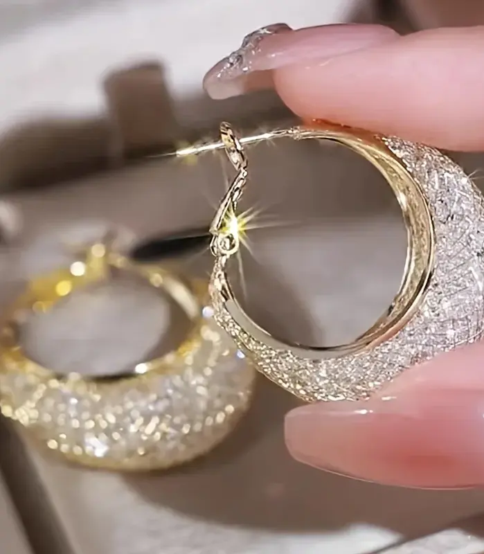 Pendientes de aro con diseño de malla brillante exagerada, joyería de hierro con incrustaciones de diamantes de imitación, estilo informal elegante para mujer, pendientes de fiesta 2