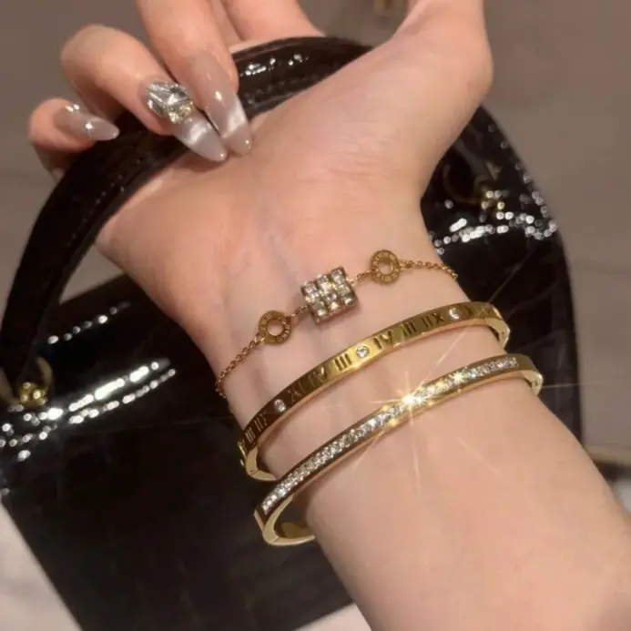 1 Uds. Pulsera apilada con números romanos con incrustaciones de circón brillante para mujer, accesorios de joyería exquisitos de moda para uso diario 1