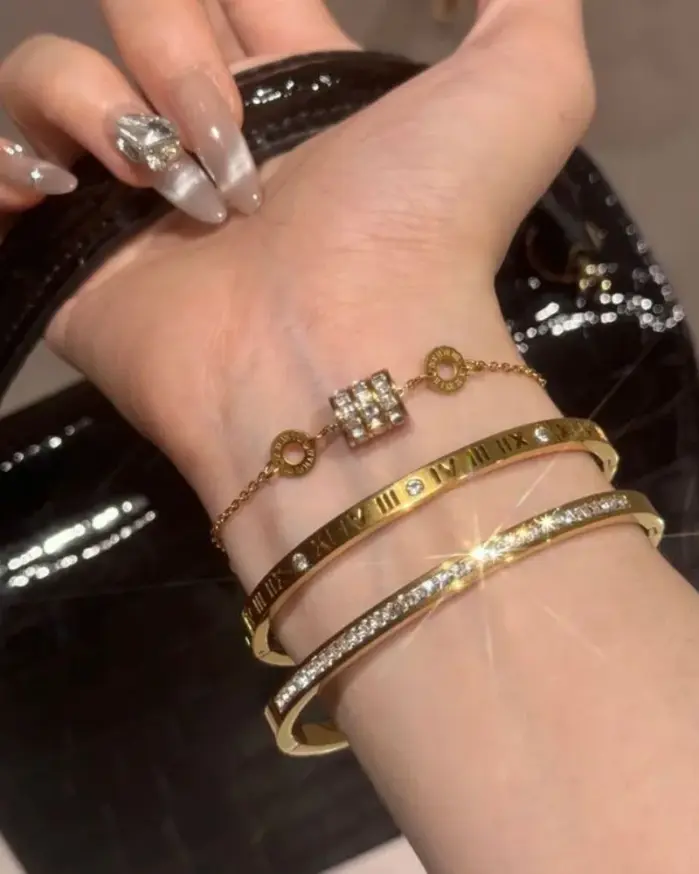 1 Uds. Pulsera apilada con números romanos con incrustaciones de circón brillante para mujer, accesorios de joyería exquisitos de moda para uso diario 1
