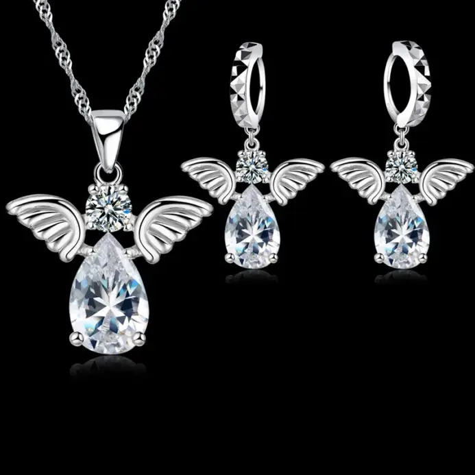 Venta promociones, bonitos conjuntos de joyería con forma de Ángel, cristal, Plata de Ley 925, colgante de Color, collar y pendientes, conjunto de cumpleaños para mujer 1