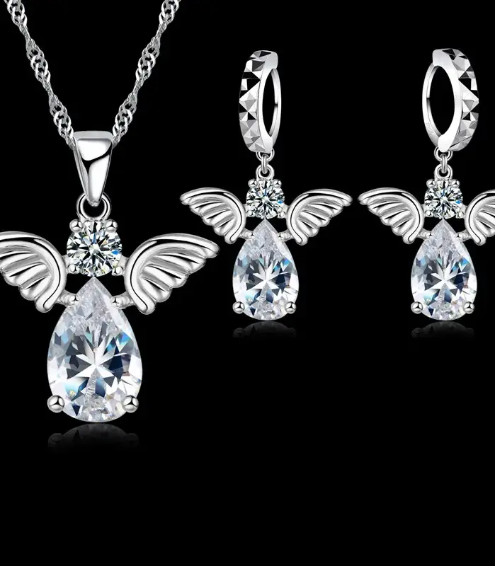 Venta promociones, bonitos conjuntos de joyería con forma de Ángel, cristal, Plata de Ley 925, colgante de Color, collar y pendientes, conjunto de cumpleaños para mujer 1