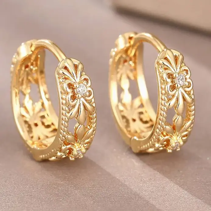 pendientes de aro para mujer, diseño calado, joyería elegante para fiesta de boda, Color plateado/dorado, accesorios CZ con incrustaciones 1