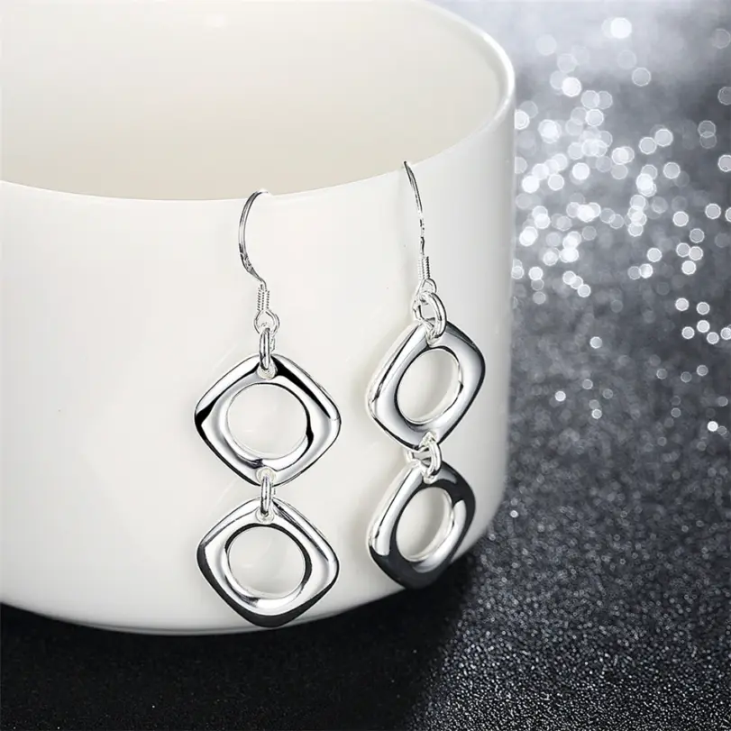 Conjunto de pendientes y collar cuadrado redondo de Plata de Ley 925 para mujer, joyería con dijes de moda para fiesta de compromiso y boda 4