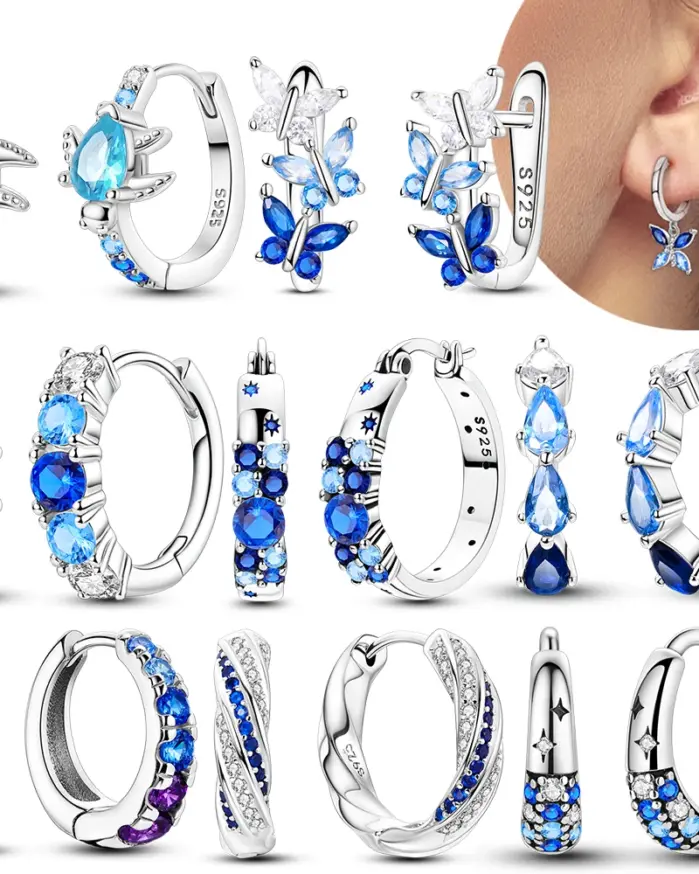 Pendientes de mariposa de circonio azul de Plata de Ley 925 originales, pendientes de aro de colores, pendientes finos de fiesta para mujer, joyería 1