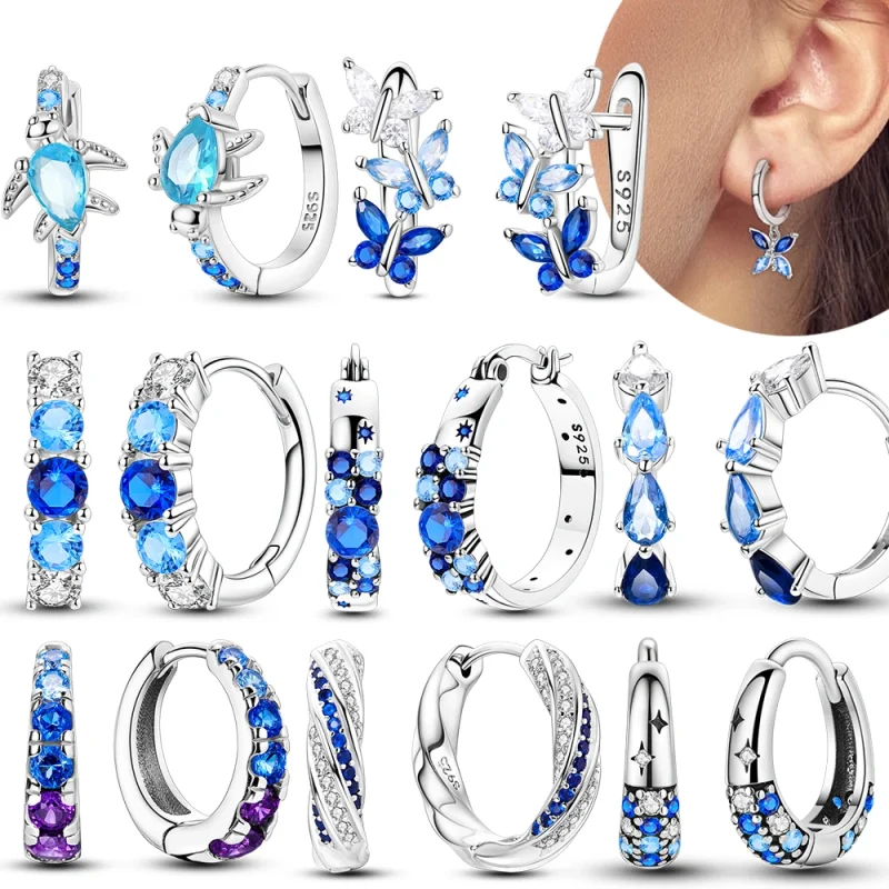 Pendientes de mariposa de circonio azul de Plata de Ley 925 originales, pendientes de aro de colores, pendientes finos de fiesta para mujer, joyería 1