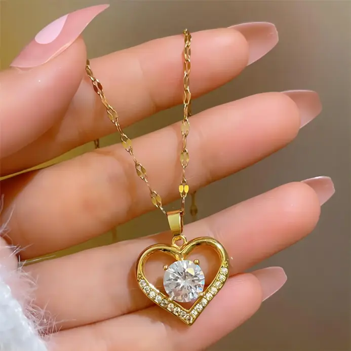 Collares de circonita de acero inoxidable para mujer y niña, collar de Metal de Color dorado, corazón de moda, joyería diaria para fiesta de cumpleaños 2
