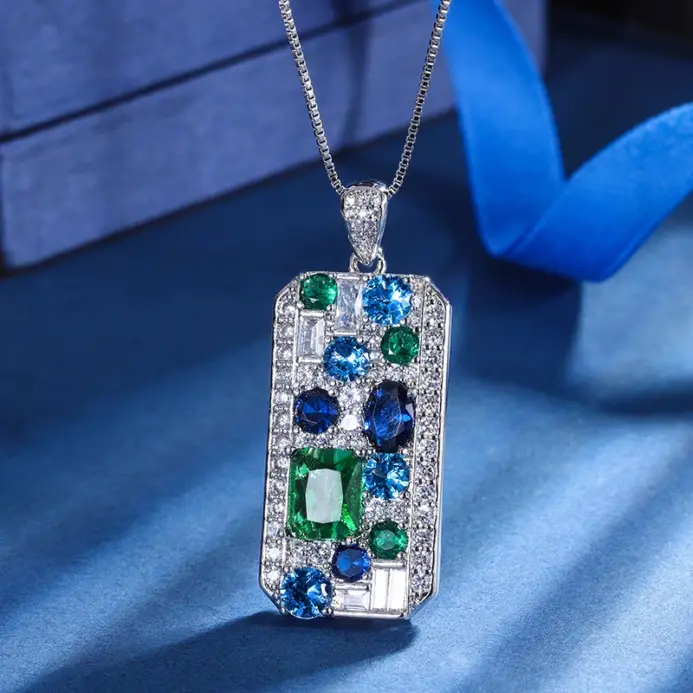collar con colgante de circonia cúbica azul/verde para mujer, accesorios de lujo para el cuello de boda, joyería de Color plateado 1