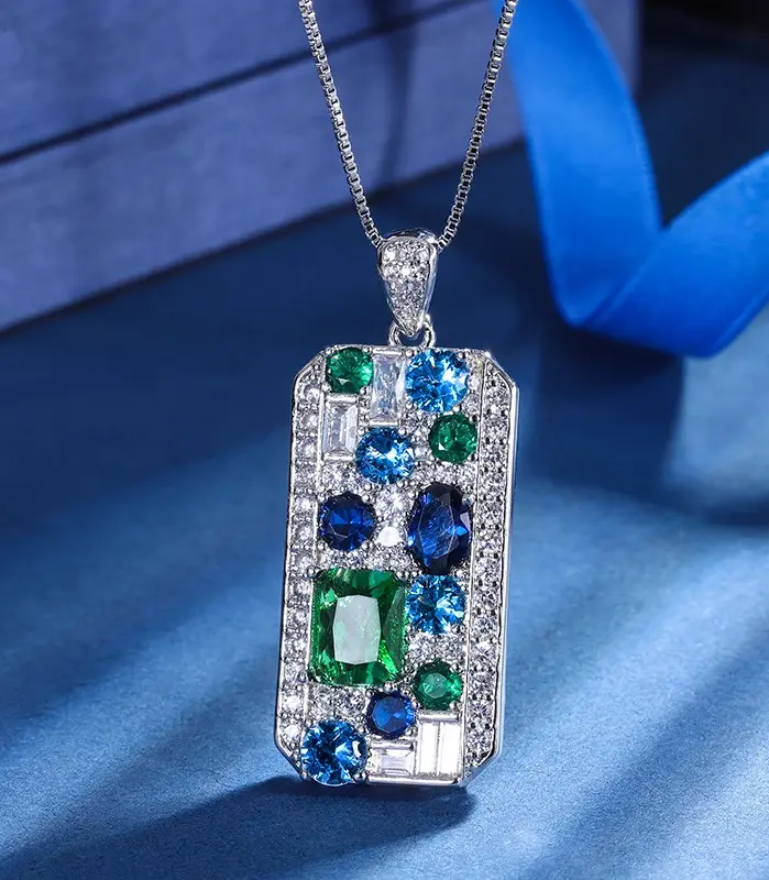 collar con colgante de circonia cúbica azul/verde para mujer, accesorios de lujo para el cuello de boda, joyería de Color plateado 1