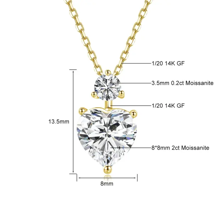 Collar romántico de corazón relleno de oro de 14 quilates, colgante de moissanita de 2 quilates, cadena ajustable delicada para cumpleaños, regalo de joyería para mujer 2