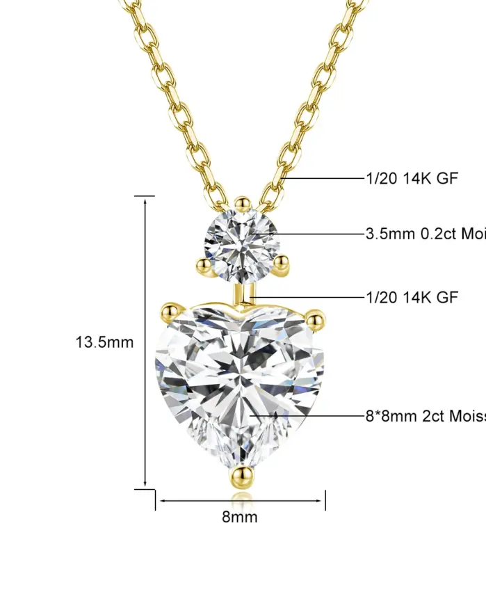 Collar romántico de corazón relleno de oro de 14 quilates, colgante de moissanita de 2 quilates, cadena ajustable delicada para cumpleaños, regalo de joyería para mujer 2