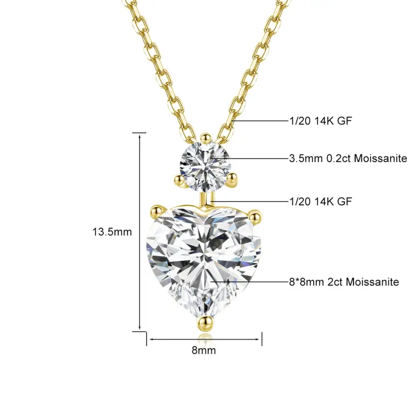 Collar romántico de corazón relleno de oro de 14 quilates, colgante de moissanita de 2 quilates, cadena ajustable delicada para cumpleaños, regalo de joyería para mujer 2