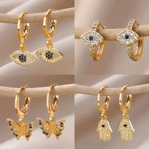 Nuevo en pendientes de circón contra el mal de ojo para mujer, pendiente de acero inoxidable de Color dorado, joyería Vintage estética para boda, regalo brincos 1