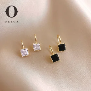 Obega-pendientes cuadrados de piedra de cristal para mujer, Material de cobre chapado en oro, piedra de cristal negro transparente, pendiente de anzuelo, joyería novedosa 1