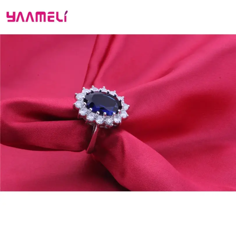 Auténtica Plata de Ley 925 chapada en plata para mujer, conjuntos de joyería de compromiso de boda, collar de cristal de circón ovalado de princesa, anillo y pendientes 19
