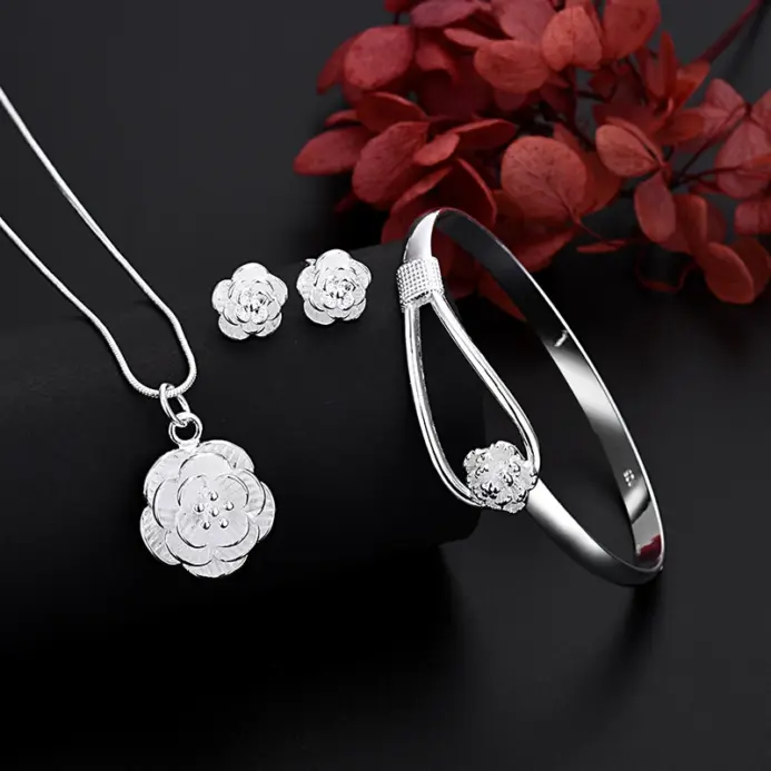 Abalorios de plata fina 925, collar, pendiente, brazalete, joyería para mujer y niña, conjunto Retro, regalo de boda a la moda 1