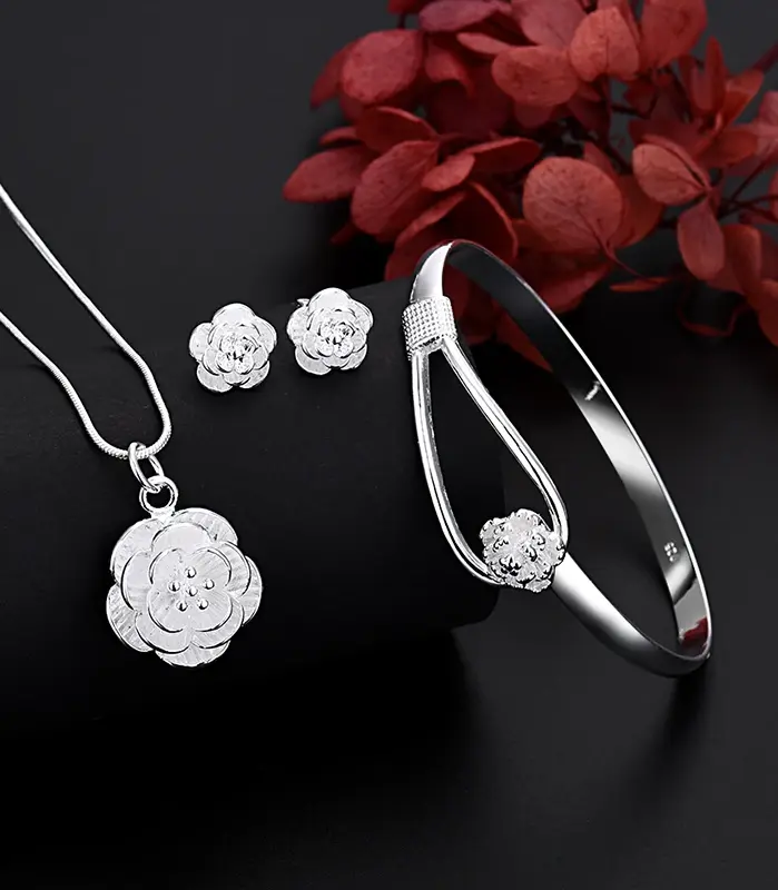 Abalorios de plata fina 925, collar, pendiente, brazalete, joyería para mujer y niña, conjunto Retro, regalo de boda a la moda 1